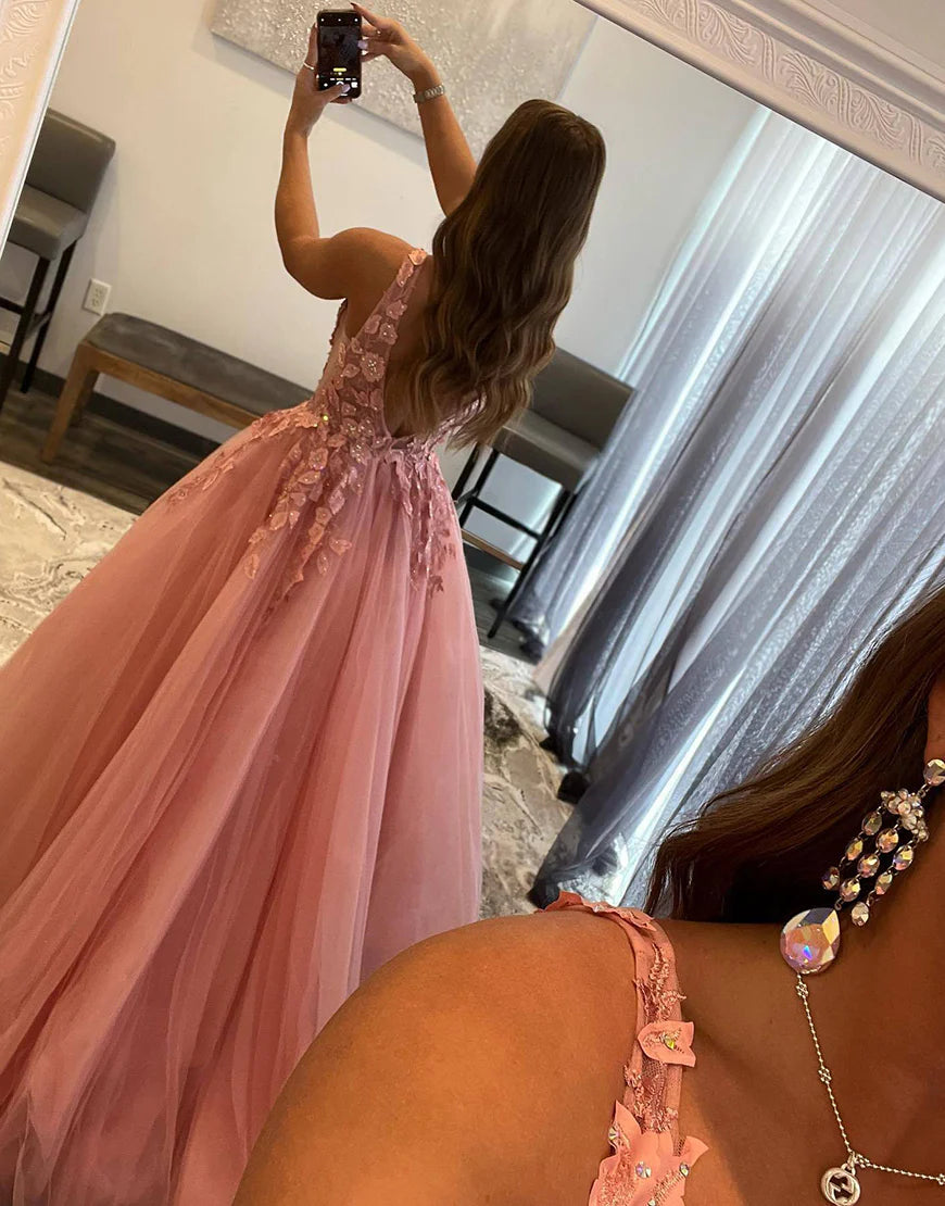 Pink A-Line Deep V-neck Tulle Prom Dress with Appliques