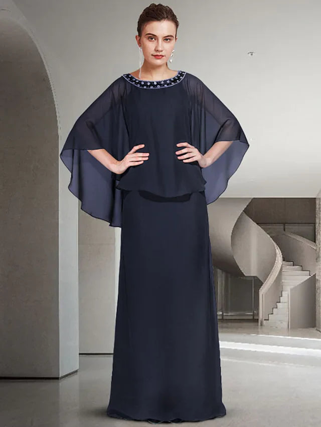 Mother of the Bride Dress Elegant Jewel Neck Floor Length Chiffon Long Sleeve with Ruffles