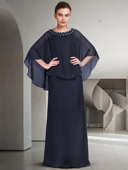 Mother of the Bride Dress Elegant Jewel Neck Floor Length Chiffon Long Sleeve with Ruffles