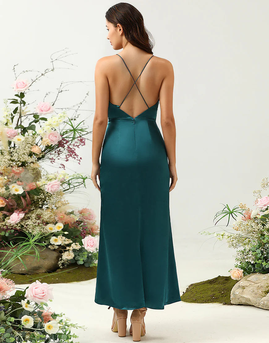 Sheath Spaghetti Straps Bridesmaid Dress With Slit