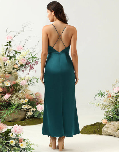Sheath Spaghetti Straps Bridesmaid Dress With Slit