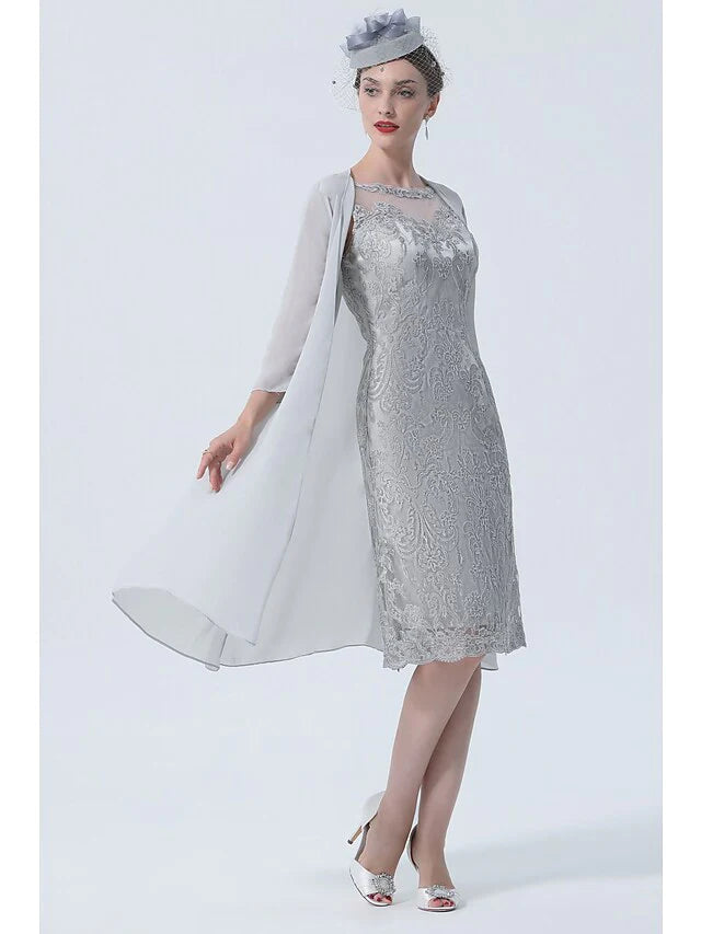 Two Piece Mother of the Bride Dress Plus Size Vintage Sexy Jewel Neck Tea Length Chiffon 3/4 Length Sleeve with Lace