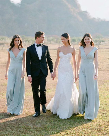 Simple A Line Chiffon V Neck Long Bridesmaid Dresses