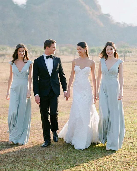 Simple A Line Chiffon V Neck Long Bridesmaid Dresses