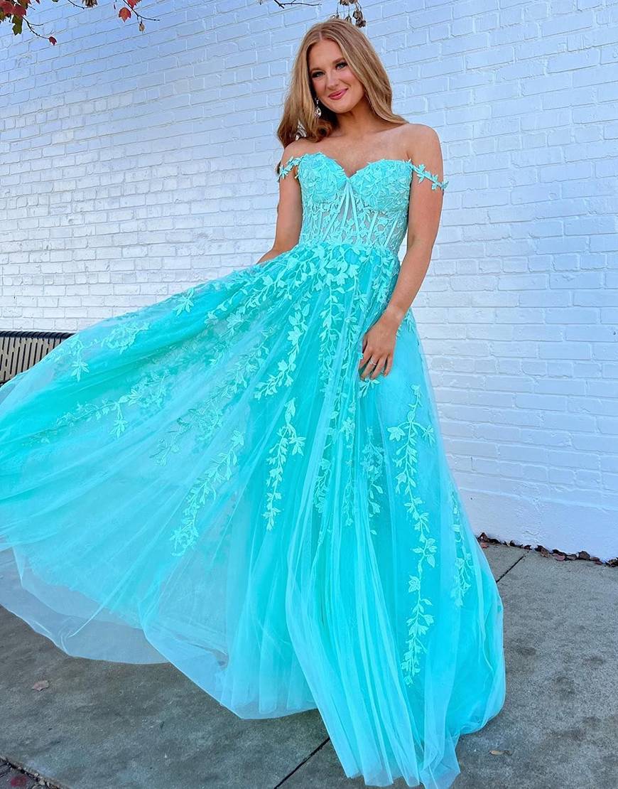 A-line Long Tulle Appliques Prom Dress With Slit