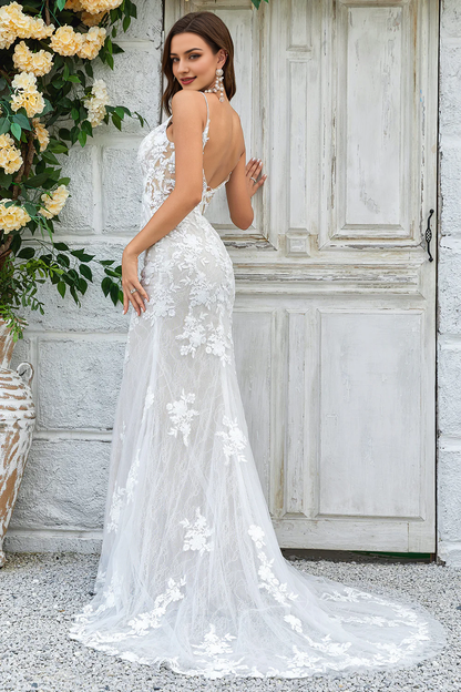 Ivory Mermaid Lace Long V-Neck Wedding Dress Train Dresses
