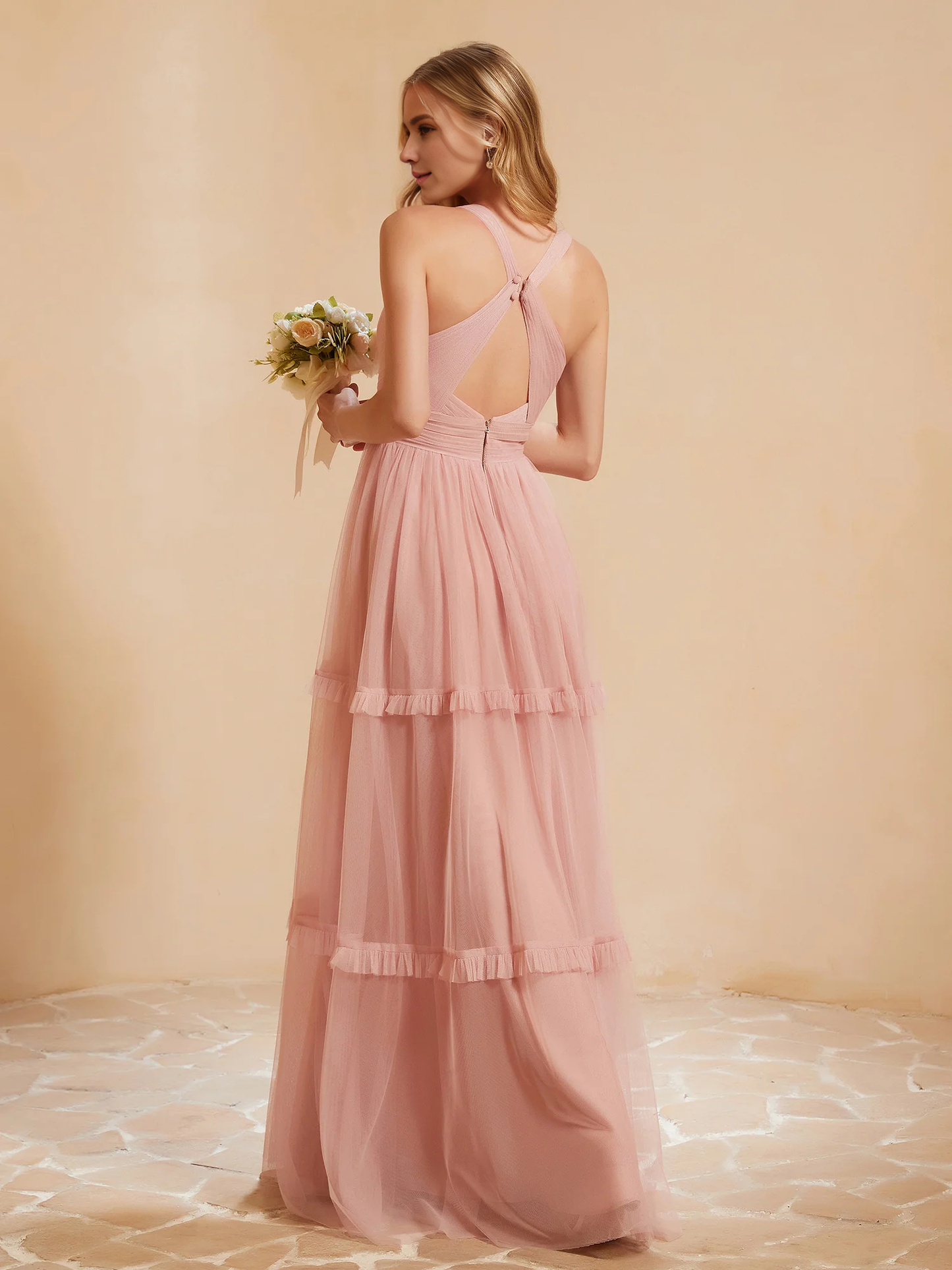 V-neck Pleated Ruffle Floor-length Tulle Bridesmaid Dress Dusty Rose