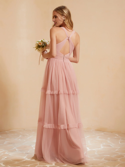 V-neck Pleated Ruffle Floor-length Tulle Bridesmaid Dress Dusty Rose