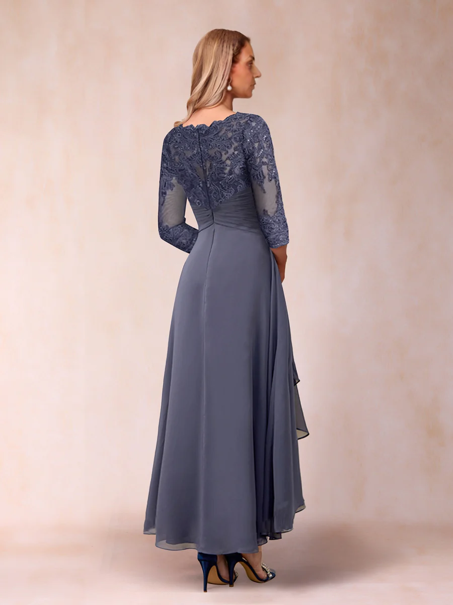 A-Line/Princess Sheer Neck 3/4 Sleeves Long Formal Mother of the Bride Dresse with Beading