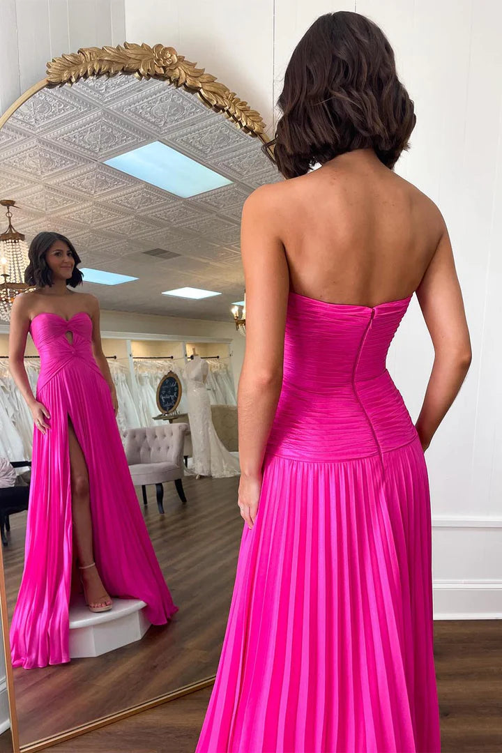 Sweetheart Pleated High Slit Keyhole Floor-length Prom Dress