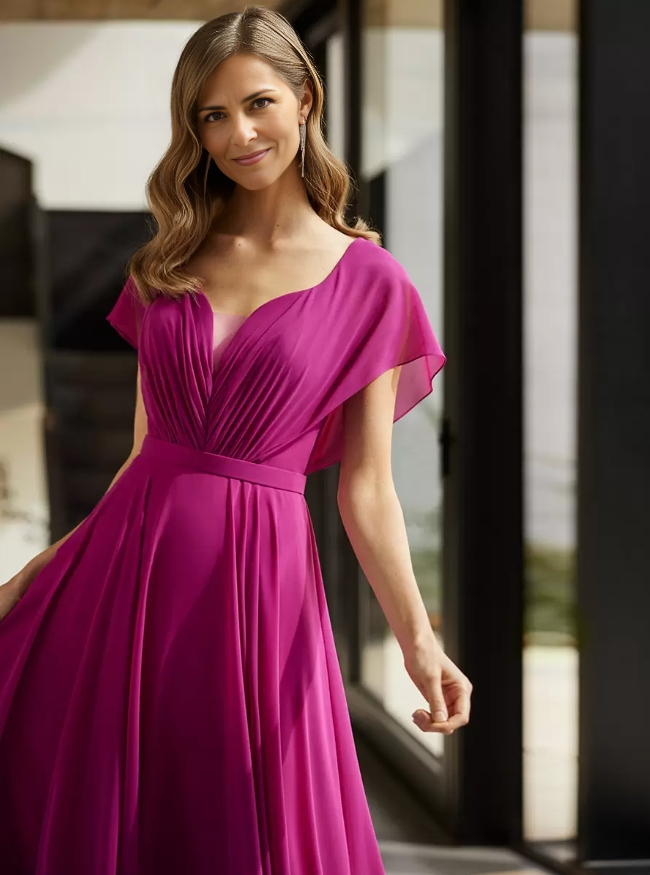 Chiffon Mother of the Bride Dresse V-Neck Short Sleeves A-Line Pleated Guest Dresses
