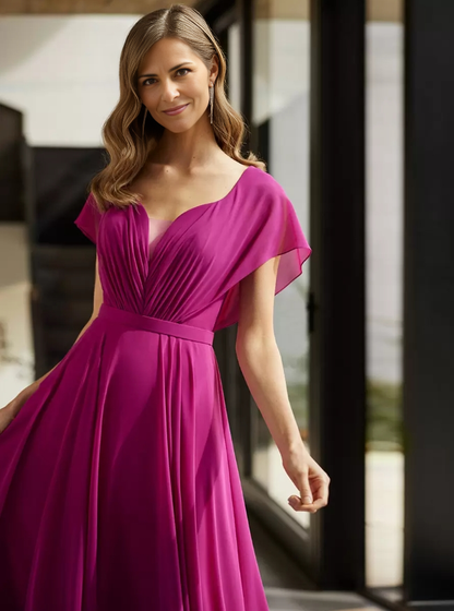 Chiffon Mother of the Bride Dresse V-Neck Short Sleeves A-Line Pleated Guest Dresses