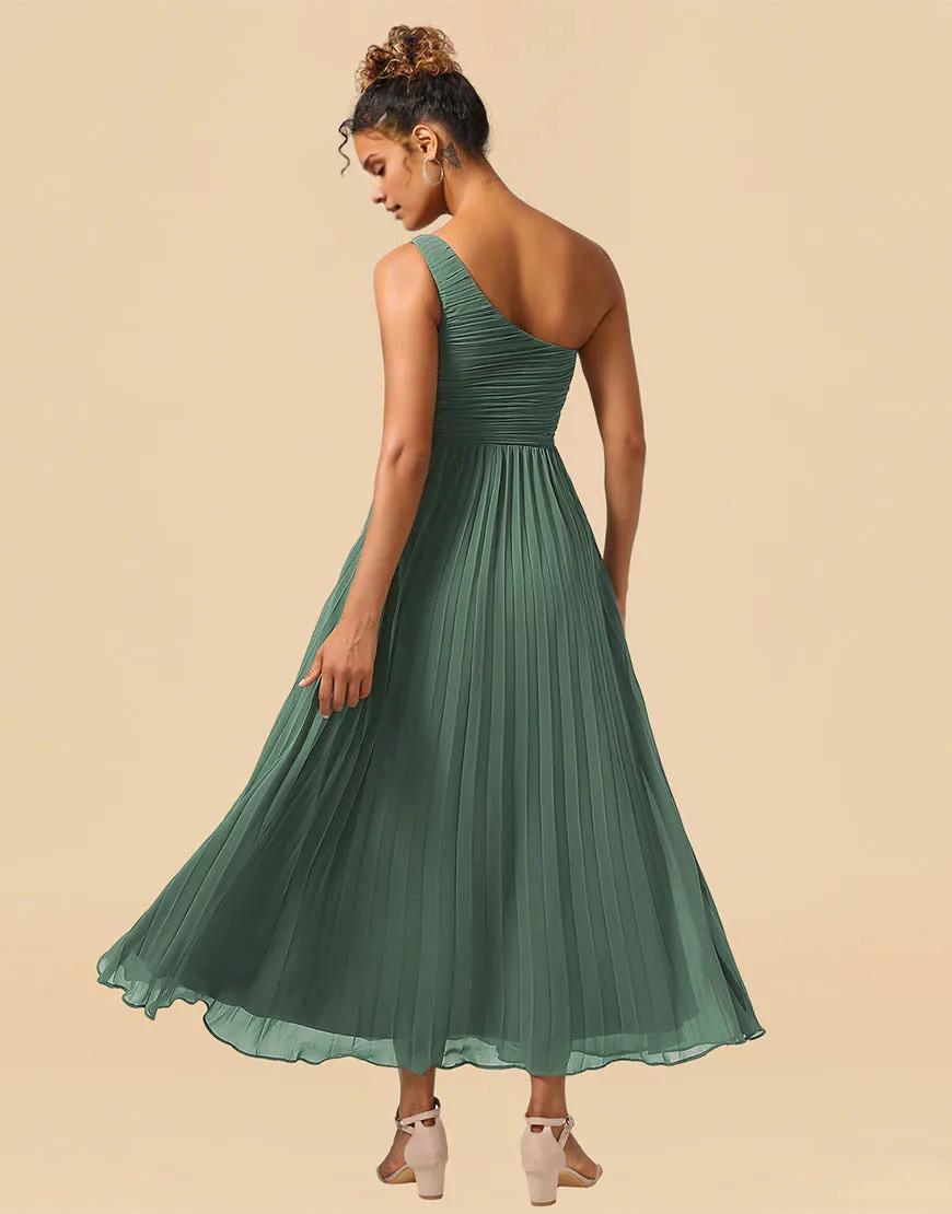 A-Line One Shoulder Tea Length Chiffon Bridesmaid Dress Wedding Guest Party Dresses