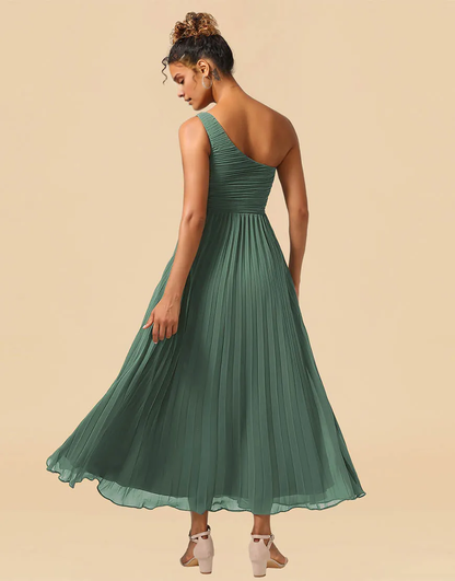 A-Line One Shoulder Tea Length Chiffon Bridesmaid Dress Wedding Guest Party Dresses