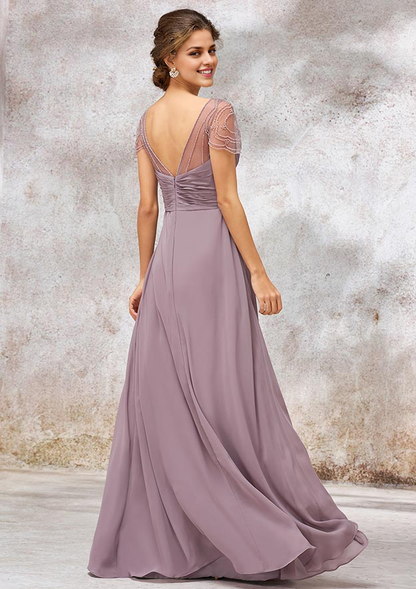Chiffon Bridesmaid Dress A-line Long/Floor-Length V Neck Cap Straps With Pleated Beading