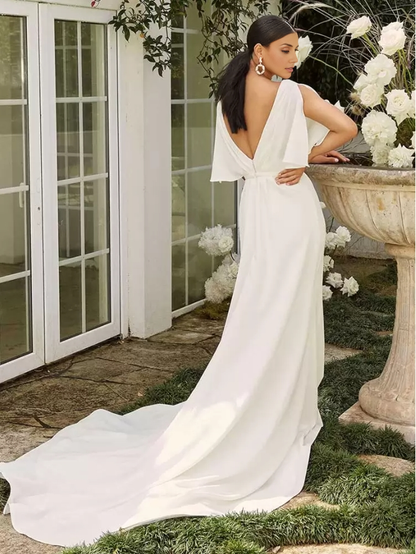 Simple Wedding Dress A-Line V-Neck Half Sleeves Backless Pleated Bridal Gowns
