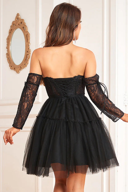 Tulle Corset Detachable Long Sleeves A-Line Homecoming Dress