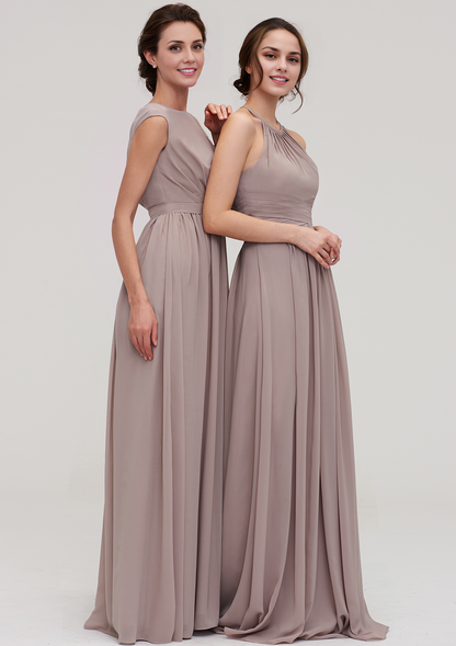 A-line Bateau Sleeveless Floor-Length Chiffon Bridesmaid Dress With Pleated
