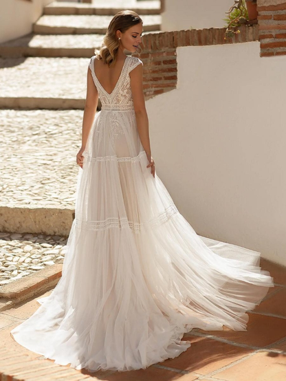 Boho Wedding Dress Lace A-Line Court Train Natural Waist Backless Sleeveless V-Neck Ivory Bride Gown