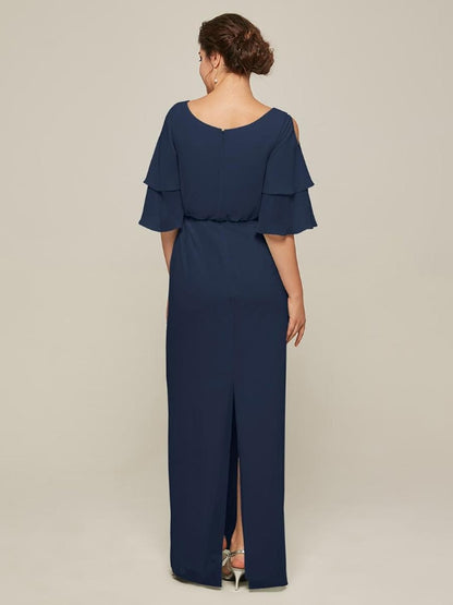 Jewel Neck Short Sleeves A-Line Split Front Wedding Guest Dresses Chiffon Mother of the Bride Dresse