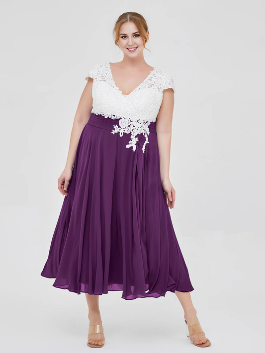 V Neck Chiffon Dress with Ivory Appliqued Bodice Grape Mother of the Bride Dresse