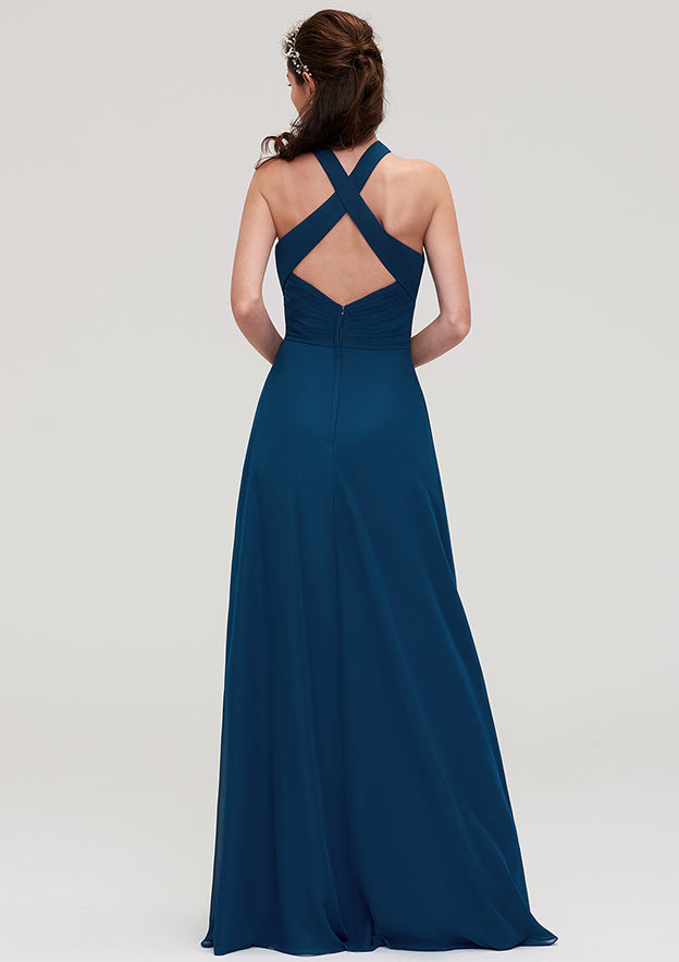 A-line Sleeveless Long/Floor-Length Chiffon Bridesmaid Dresses With Split Pleated