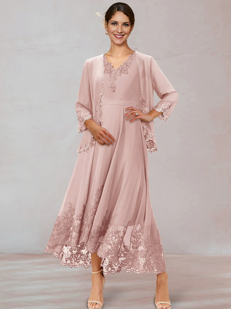 Chiffon Mother of the Bride Dresse Chiffon V-Neck 3/4 Sleeves Ankle-Length Long Evening Dress With Appliques