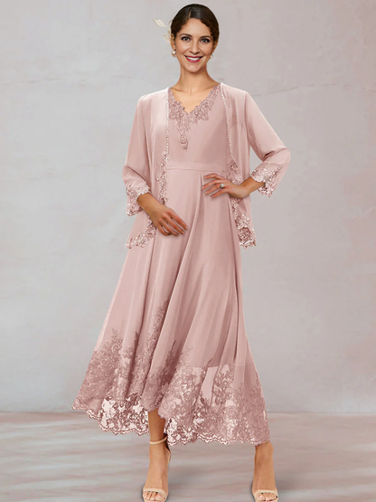 Chiffon Mother of the Bride Dresse Chiffon V-Neck 3/4 Sleeves Ankle-Length Long Evening Dress With Appliques