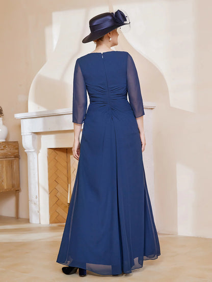 34-Length Sleeves V-neck Pleated Long Dress Dark Navy Mother of the Bride Dresse