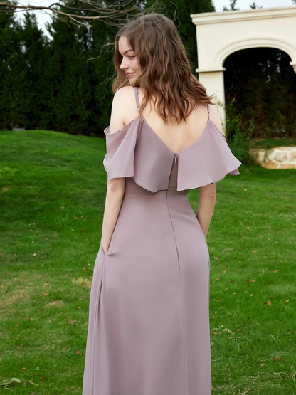 Floor-length V-neck Ruffles Chiffon A-line Dress Dusk Bridesmaid Dress