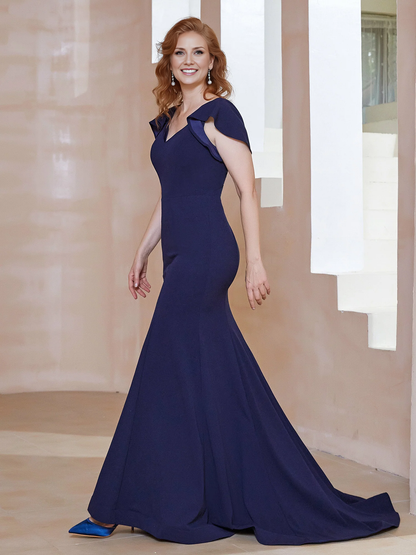 V-Neck Flutter Sleeves Mermaid Dress Dark Navy Mother of the Bride Dresse Sweep/Brush Train Dresses