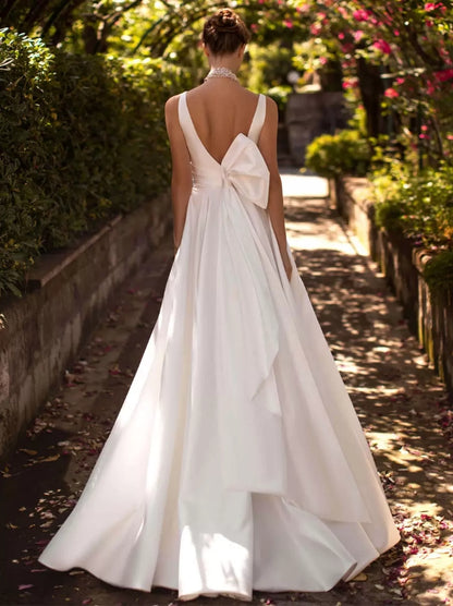Vintage Wedding Dress V-Neck Sleeveless Natural Waist Satin With Train Bows Bridal Gowns