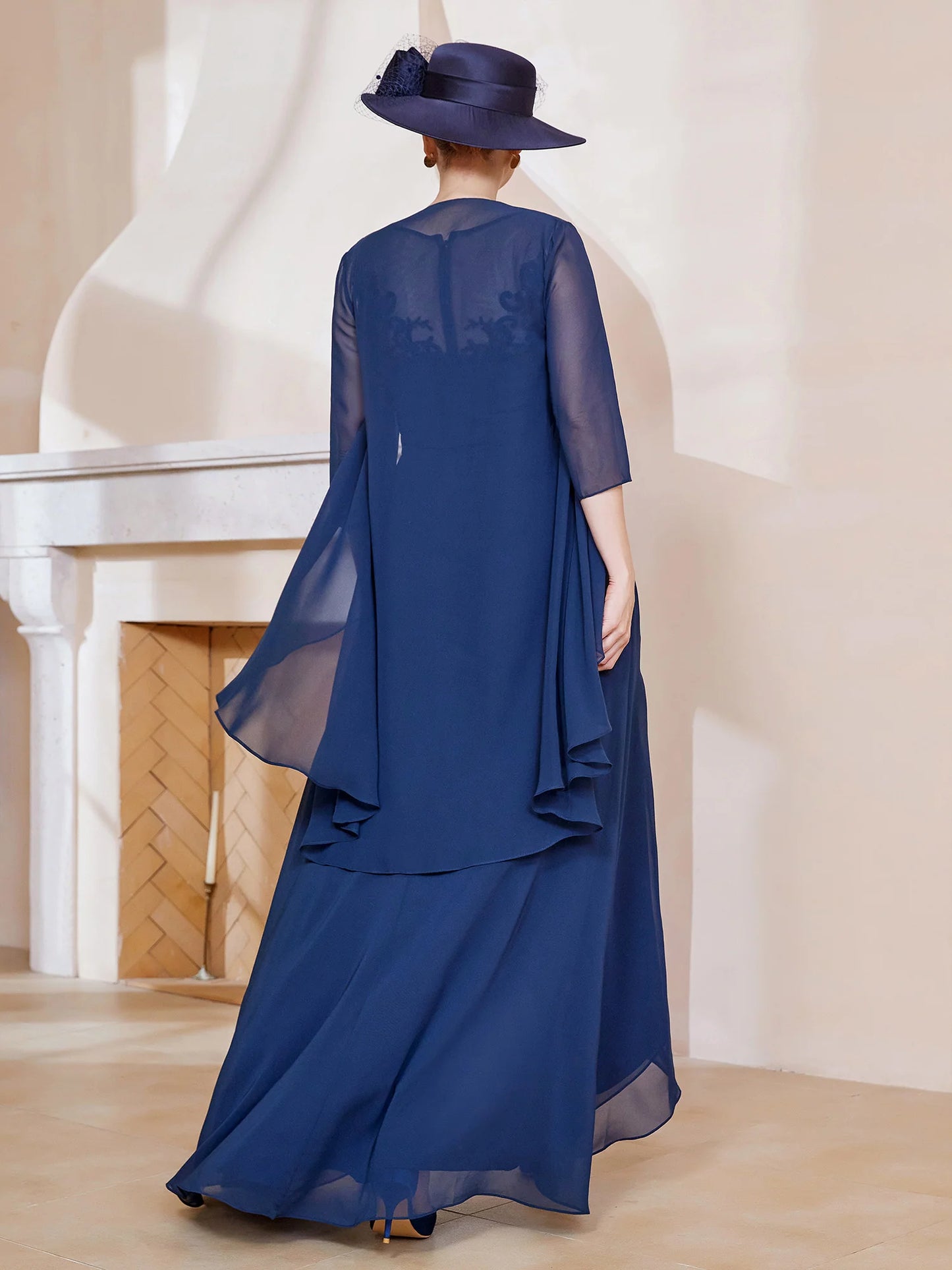 Two Piece Illusion Neckline Ruffles Chiffon Mother of the Bride Dresse With Jacket Dark Navy
