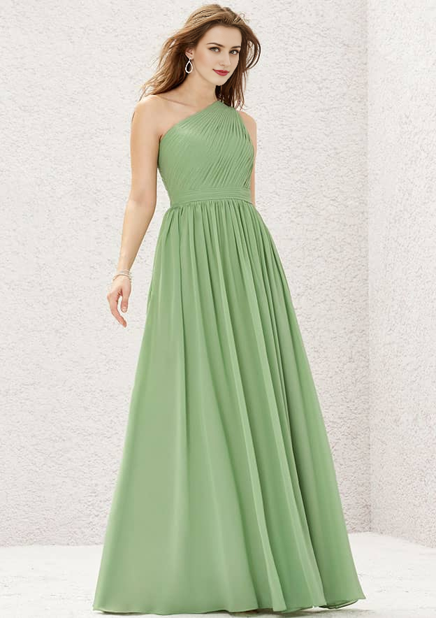 One-Shoulder Sleeveless Long Chiffon Bridesmaid Dress With Pleated