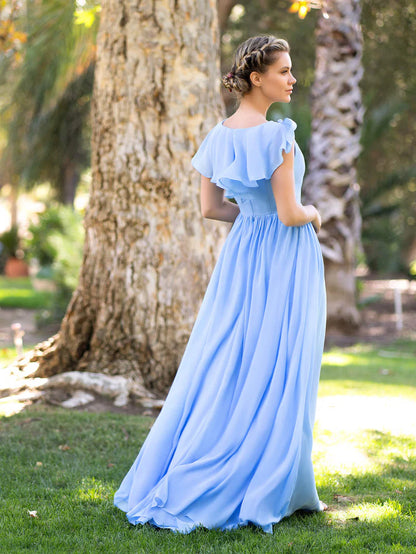 V-neck Asymmetric Top Chiffon Floor Length Bridesmaid Dress