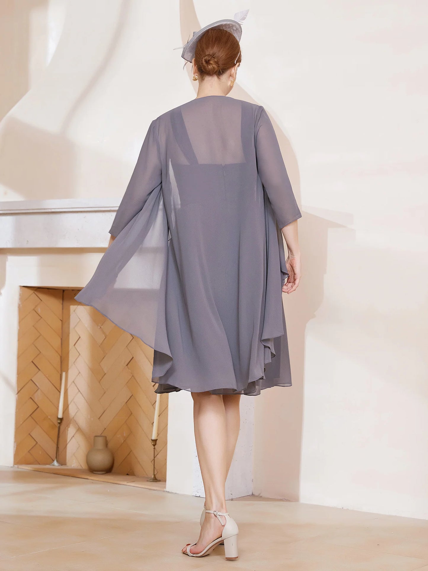 A-Line Chiffon Knee-length  Mother of the Bride Dresse With Jacket Steel Grey