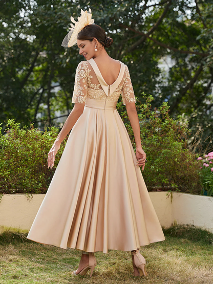 A-Line/Princess Scoop Half Sleeves Ankle-Length Long Evening Dresses Mother of the Bride Dresse with Appliques