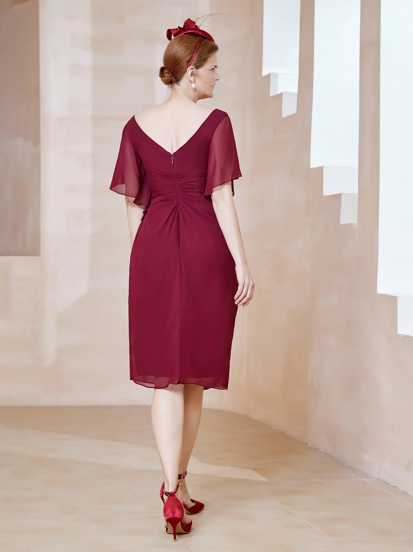 Flutter Sleeves V-neck Sequins Applique Dress Burgundy Chiffon Mother of the Bride Dresse