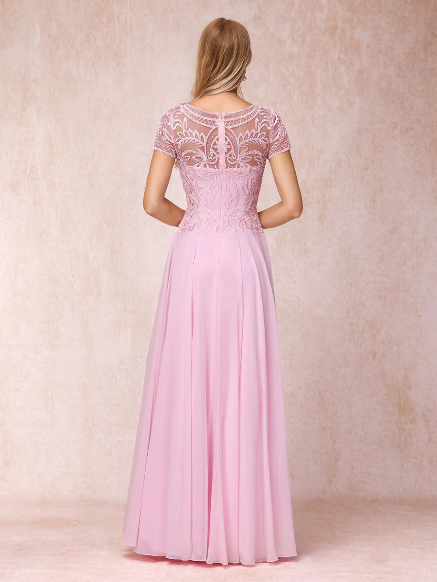 A-Line/Princess Sheer Neck Short Sleeves Long Formal Chiffon Mother of the Bride Dresse with Appliques