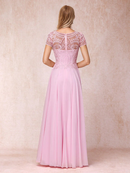 A-Line/Princess Sheer Neck Short Sleeves Long Formal Chiffon Mother of the Bride Dresse with Appliques