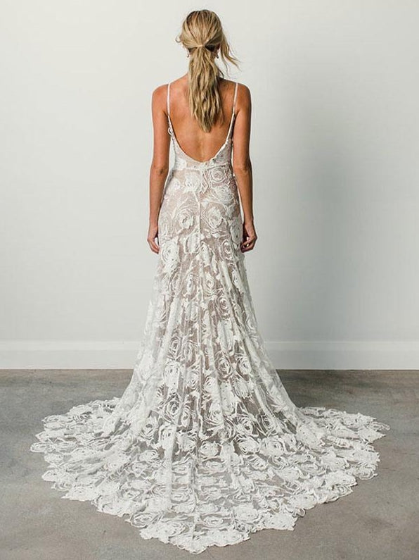 Wedding Gowns With Train Mermaid Sleeveless Lace V-Neck Bridal Gowns Court Train Dresses