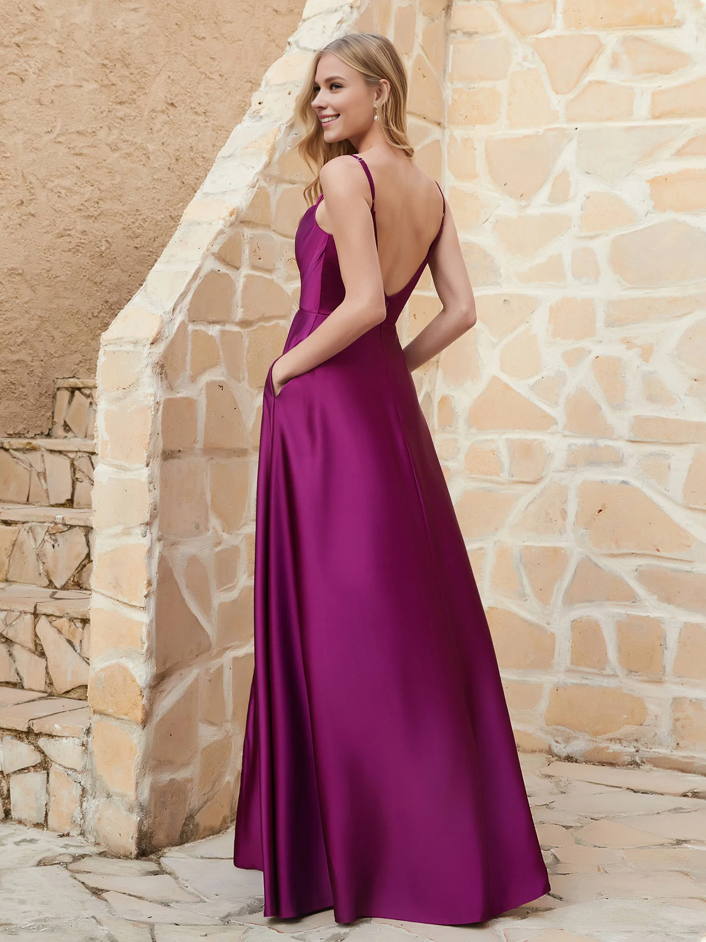A Line Cowl Neck Floor-length Satin Bridesmaid Dress With Slit