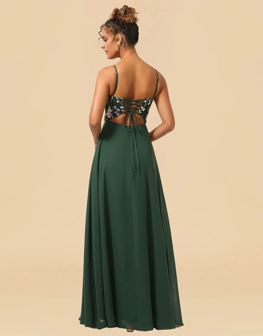 A-Line Princess Dark Green Spaghetti Straps Long Bridesmaid Dress With Embroidery Flowers