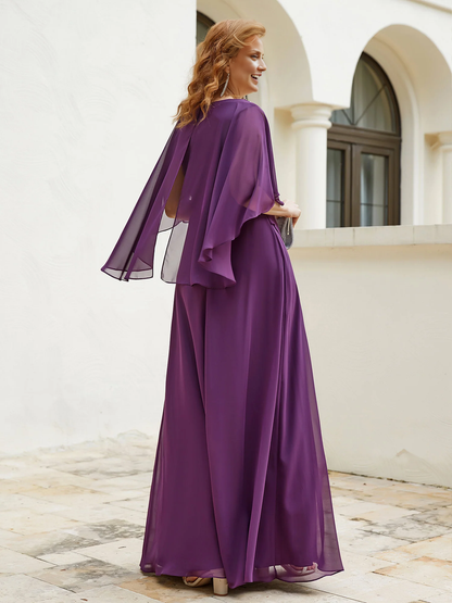 Chiffon Mother of the Bride Dresse V-Neck Beaded Elegance and Flutter Sleeves-Grape