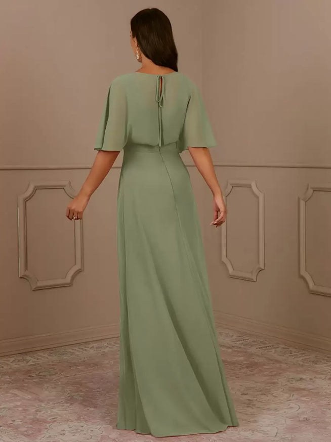 V-Neck Short Sleeves A-Line Pleated Wedding Guest Dresses Chiffon Mother of the Bride Dresse