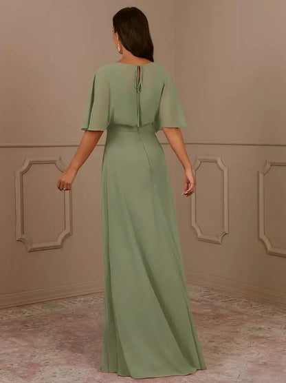 V-Neck Short Sleeves A-Line Pleated Wedding Guest Dresses Chiffon Mother of the Bride Dresse