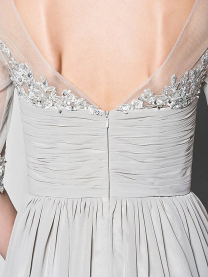 A-Line Mother of the Bride Dress V Neck Floor Length Chiffon Tulle Half Sleeve with Ruched Beading Sequin