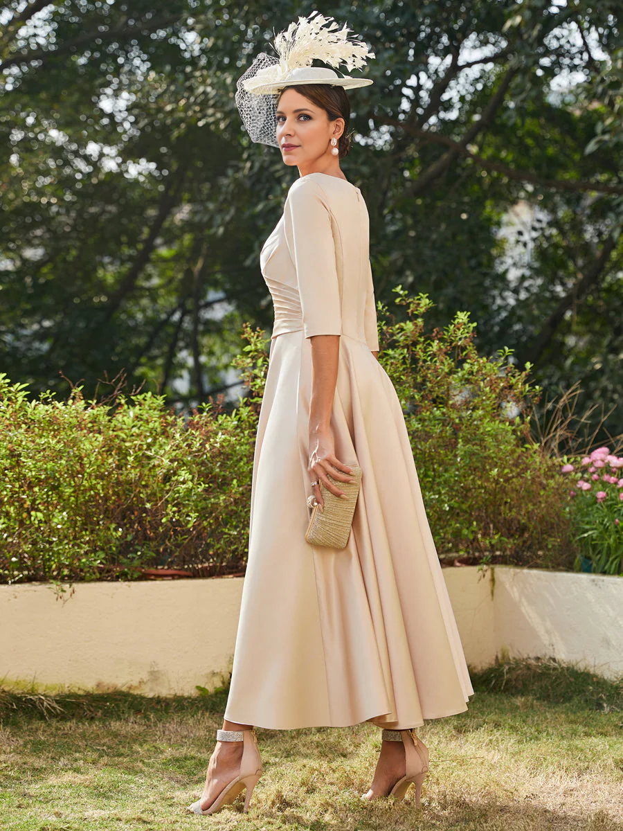 A-Line/Princess V-Neck Half Sleeves Ankle-Length Long Evening DressesMother of the Bride Dresse with Ruffles