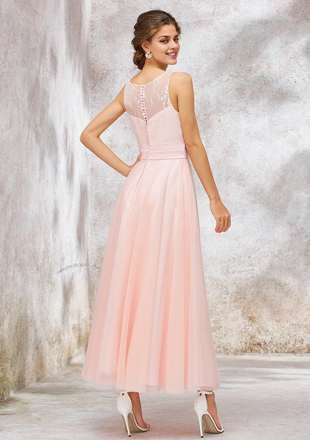 Tulle Bridesmaid Dress A-line Bateau Sleeveless Tea-Length With Waistband Lace Wedding Guest Party Dresses