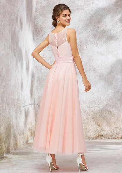 Tulle Bridesmaid Dress A-line Bateau Sleeveless Tea-Length With Waistband Lace Wedding Guest Party Dresses